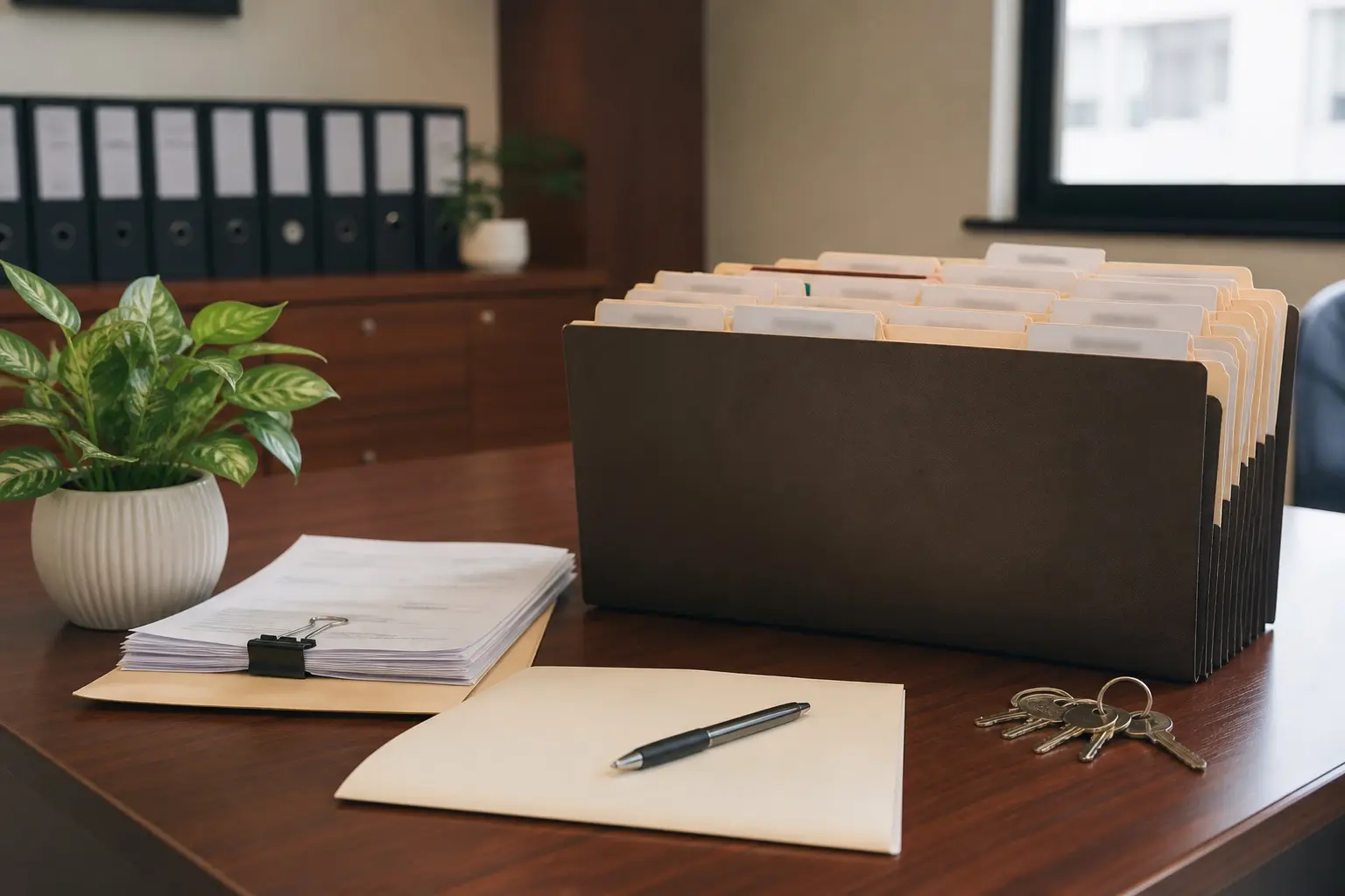 Oficina de administración inmobiliaria con expedientes ordenados