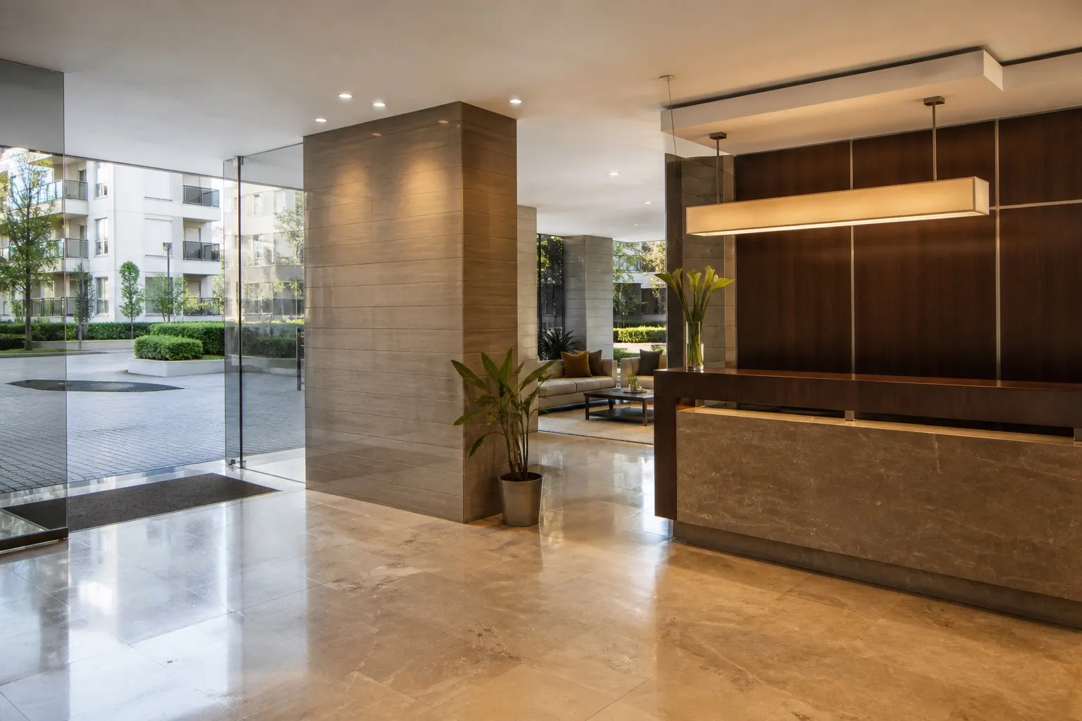 Edificio residencial moderno con lobby y administración de condominio