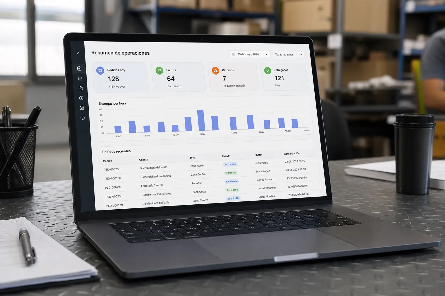 Dashboard operativo con pedidos, rutas y estados del día