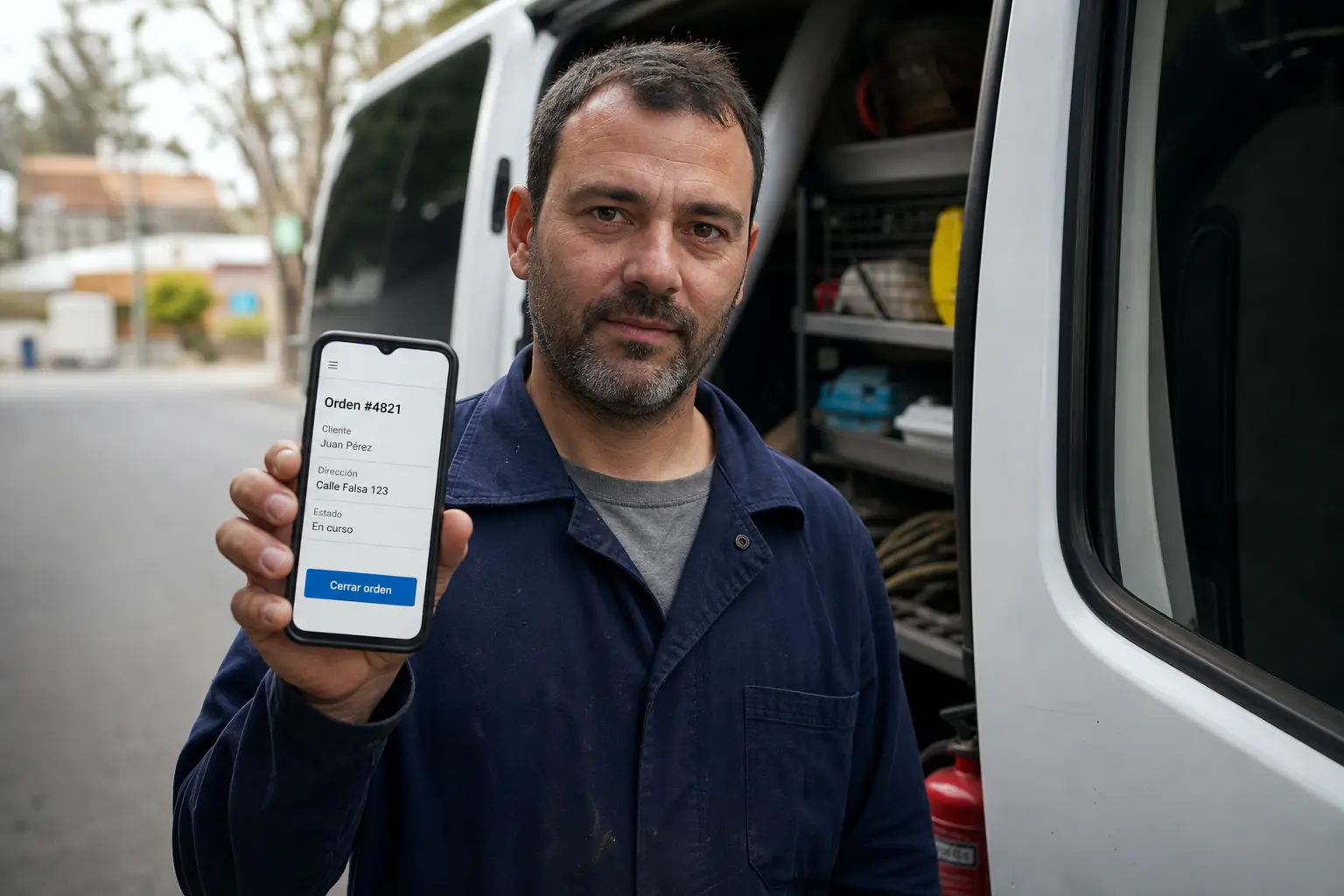 Técnico en campo con la orden de trabajo en el celular