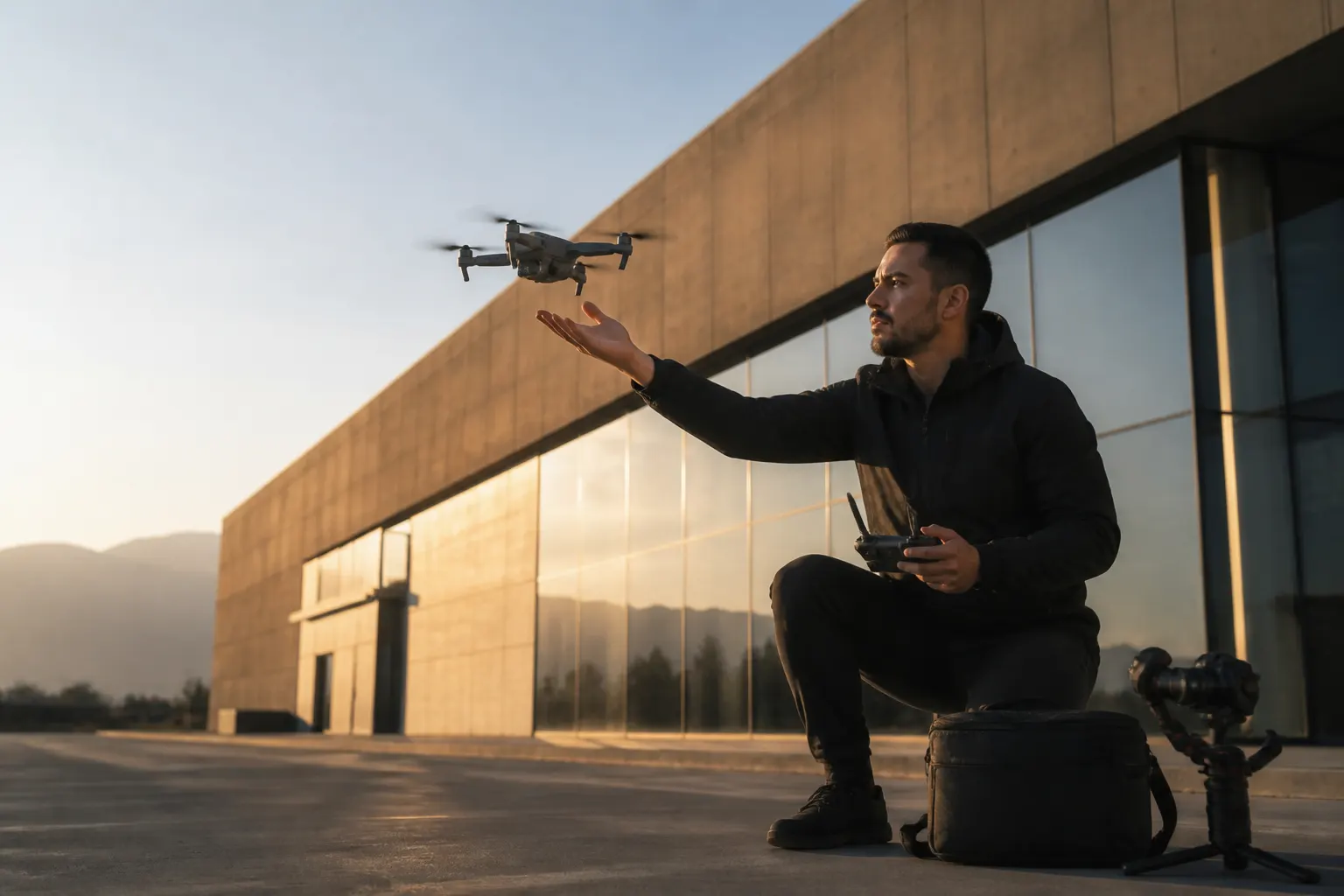 Producción de video y drone frente a instalaciones empresariales
