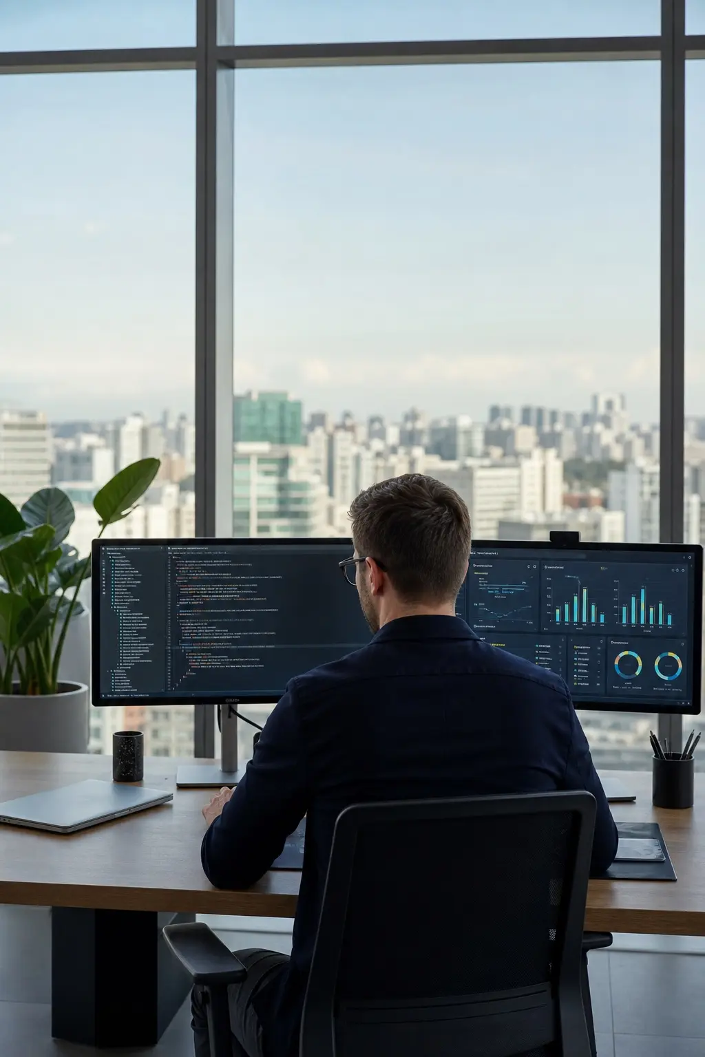 Trabajo técnico en la oficina de Lima: programación frente a dos monitores