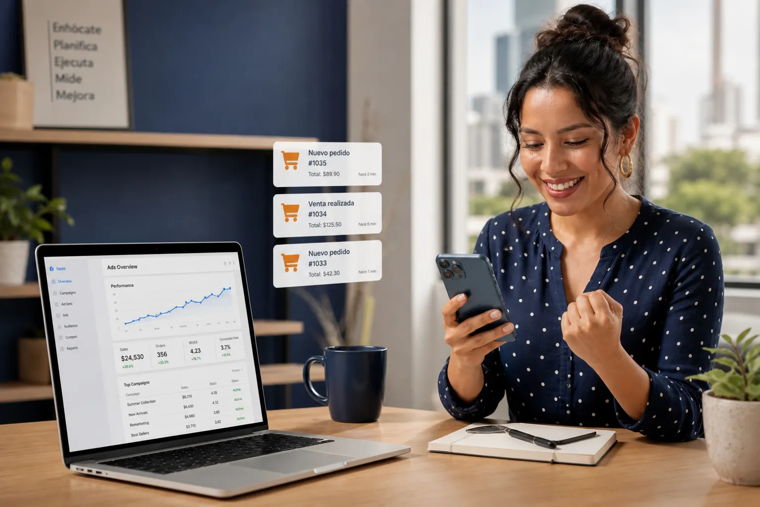 Comerciante revisando resultados de campañas publicitarias en su tienda