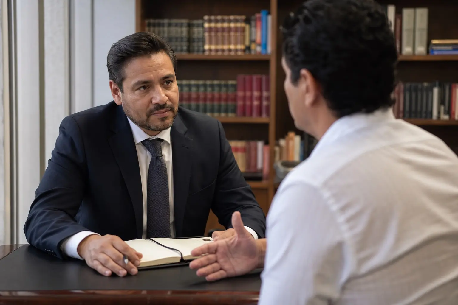 Abogado en consulta con un cliente en despacho privado