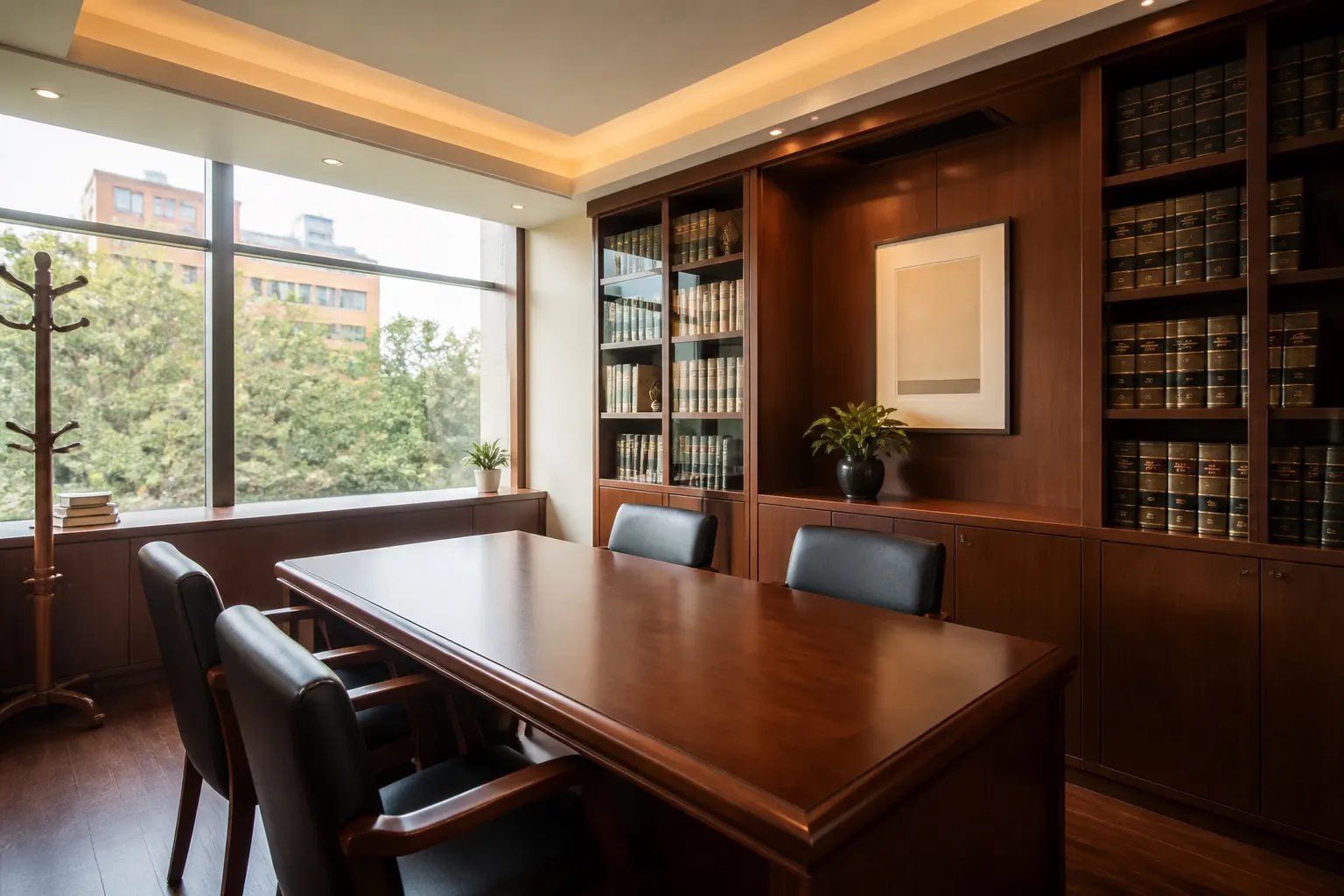 Despacho jurídico moderno con sala de reuniones profesional