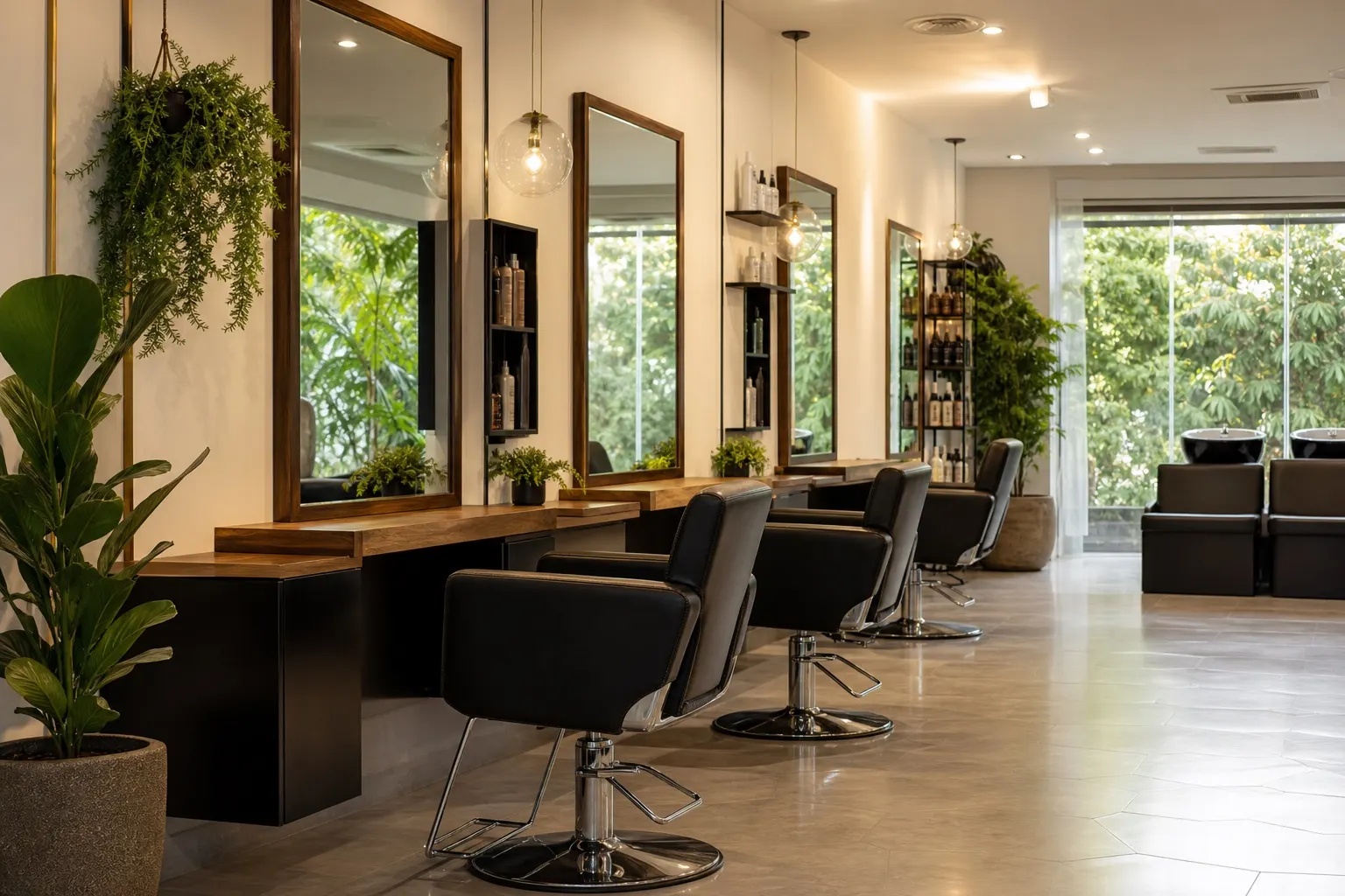 Salón de peluquería moderno con sillas de estilismo y buena luz