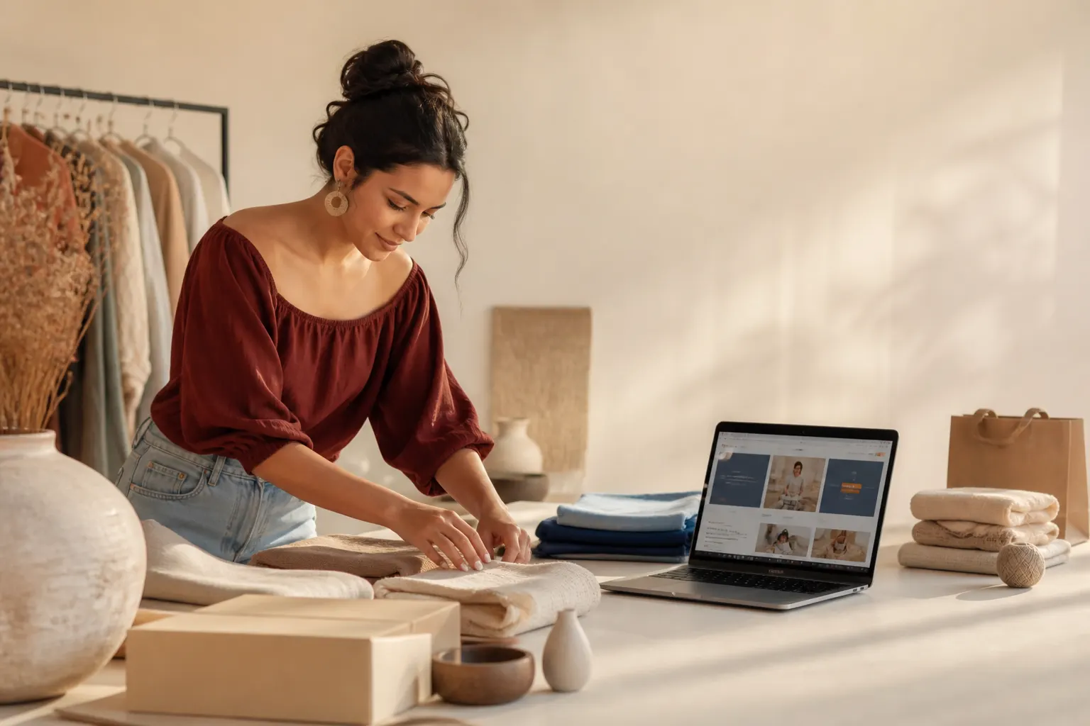 Fundadora de marca revisando su tienda online con diseño propio