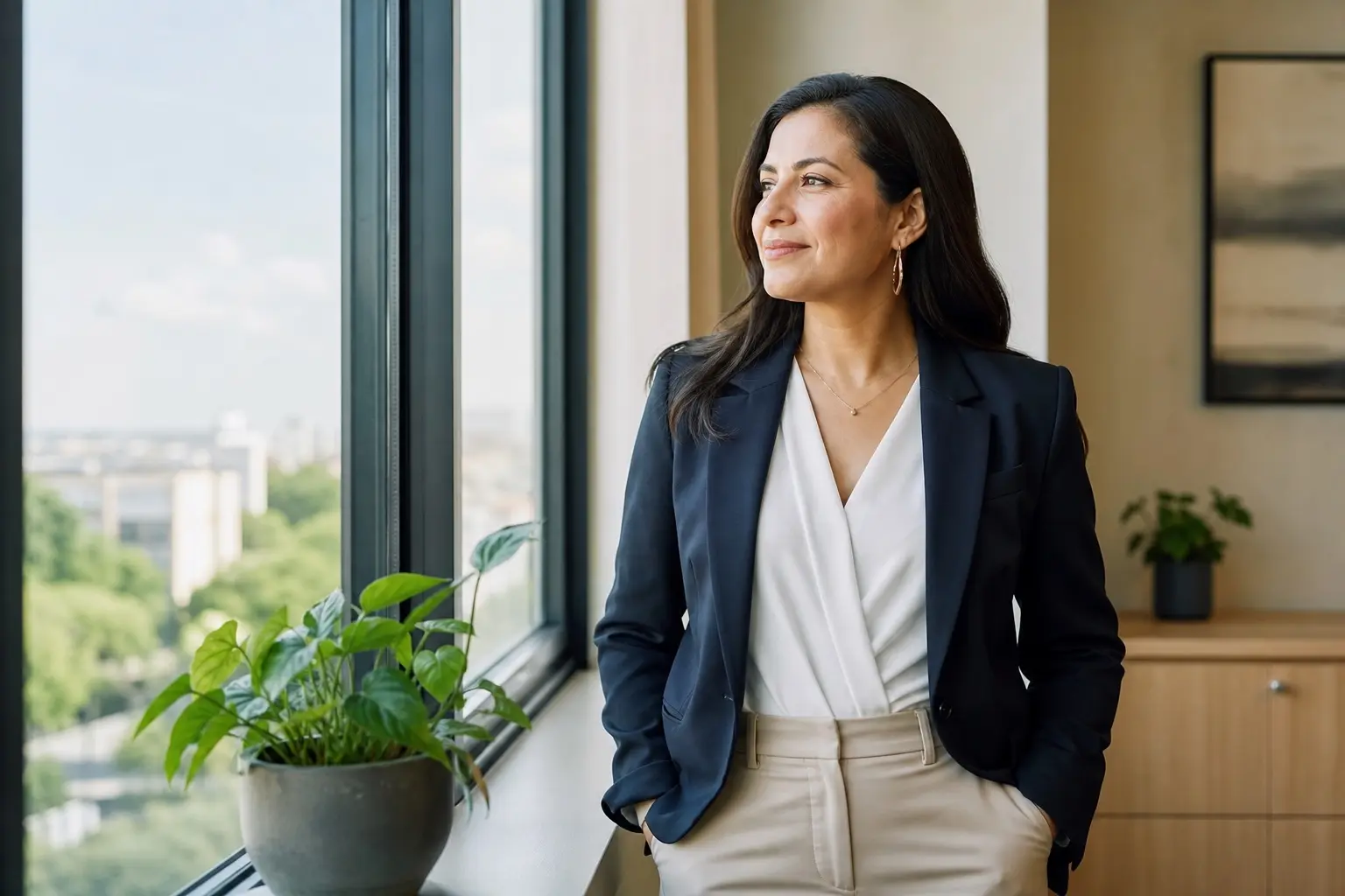 Empresaria tranquila con su sitio corporativo bajo control